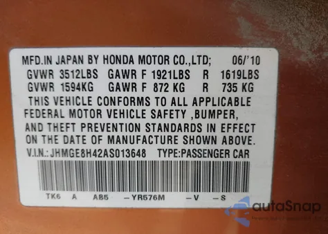 2010 Honda Fit Sport из США, поврежденный, VIN JHMGE8H42AS013648